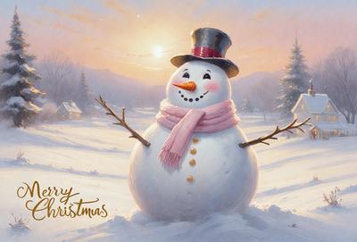 Primary subject: A snowman with a scarf and hat.

Setting/background: A snowy landscape with a house in the background.

Visual style: Digital art.

Colors and mood: The snowman is white, and the overall atmosphere is festive and joyful, as it is a Christmas scene.